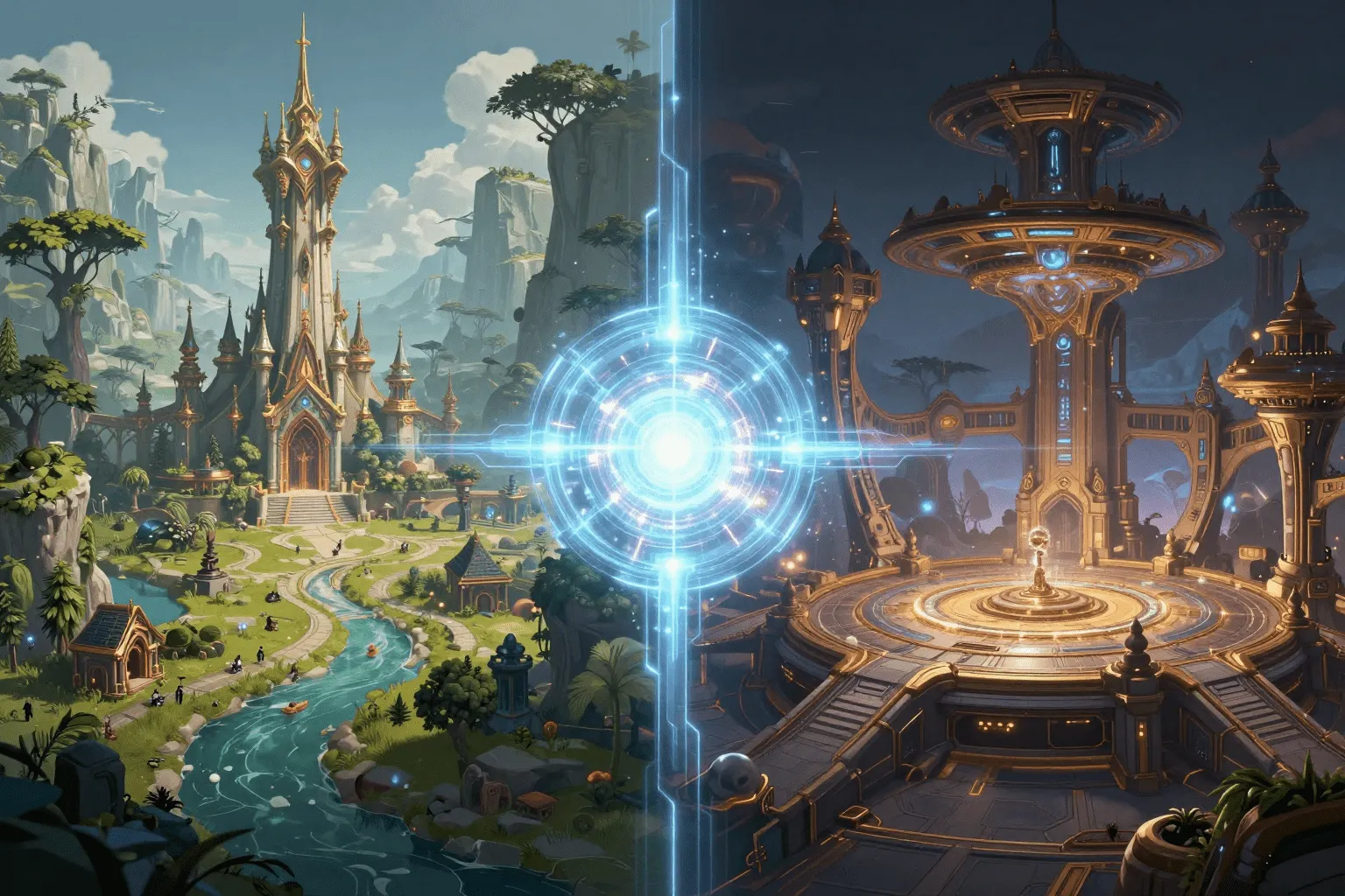 Визуал статьи про выбор движка между fantasy и sci-fi игровыми мирами