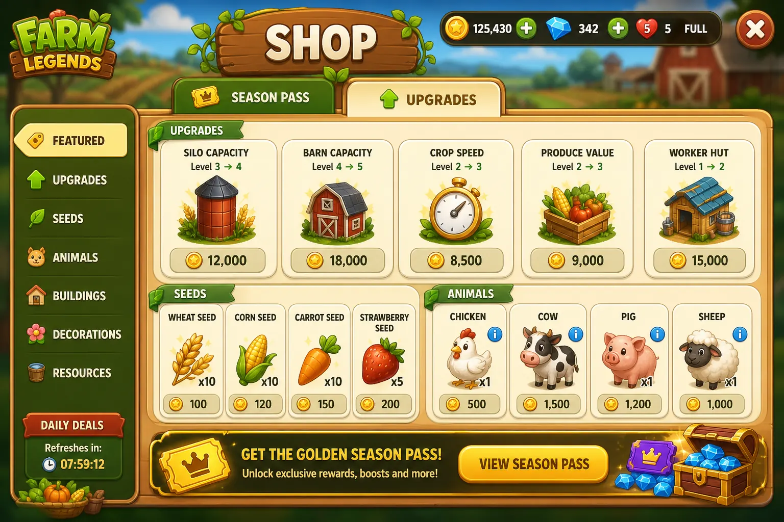 Farm Legends, экран магазина апгрейдов и улучшений