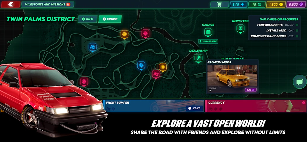 Neon Drift Online, экран наград и ускорителей из Google Play