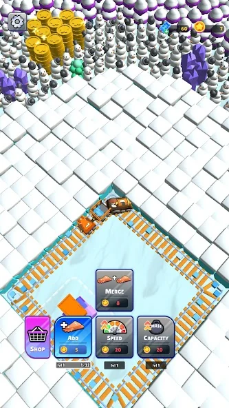 Rail Merge Empire, экран апгрейдов и прогрессии из Google Play