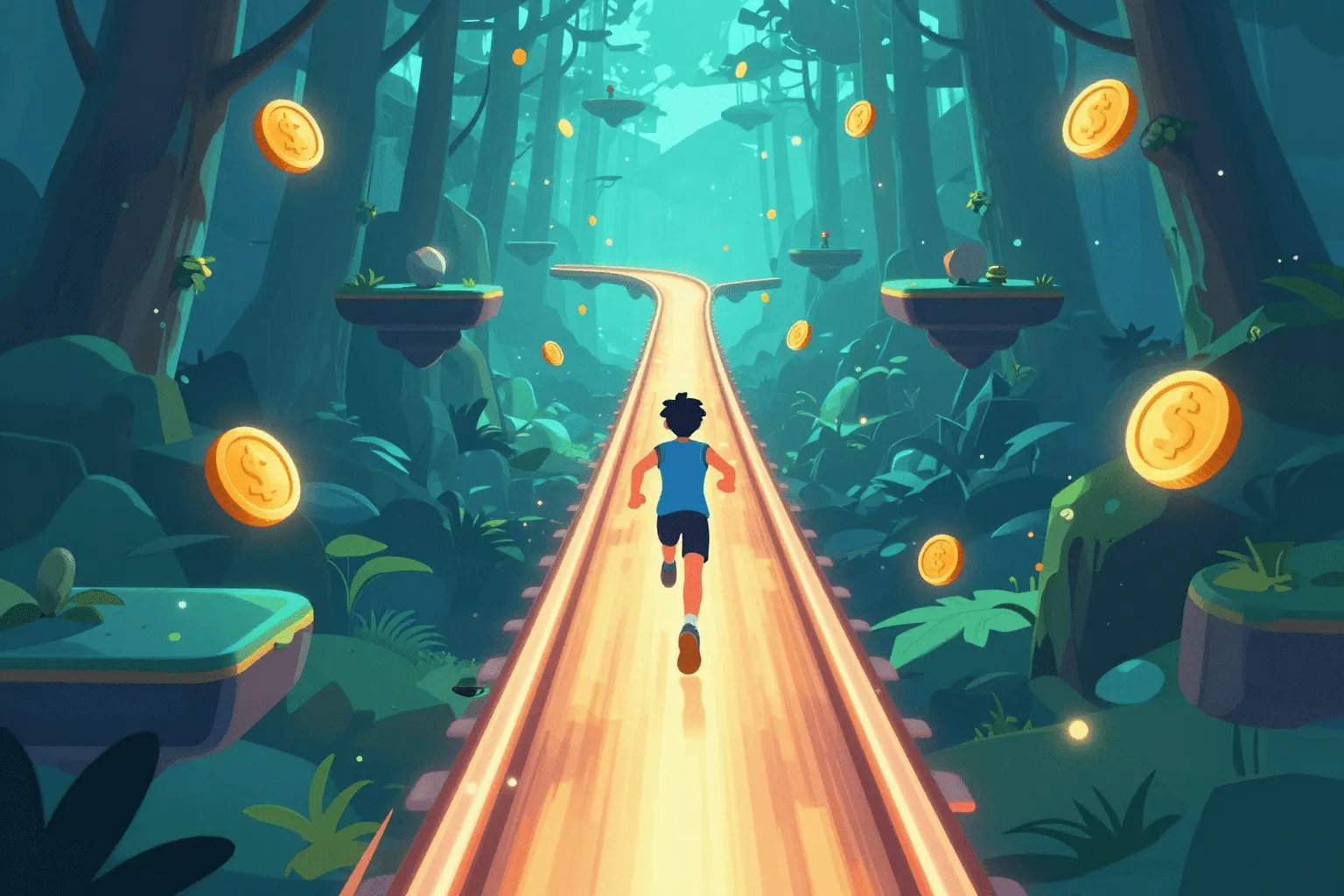 Геймплей Hyper Runner в лесном уровне с монетами