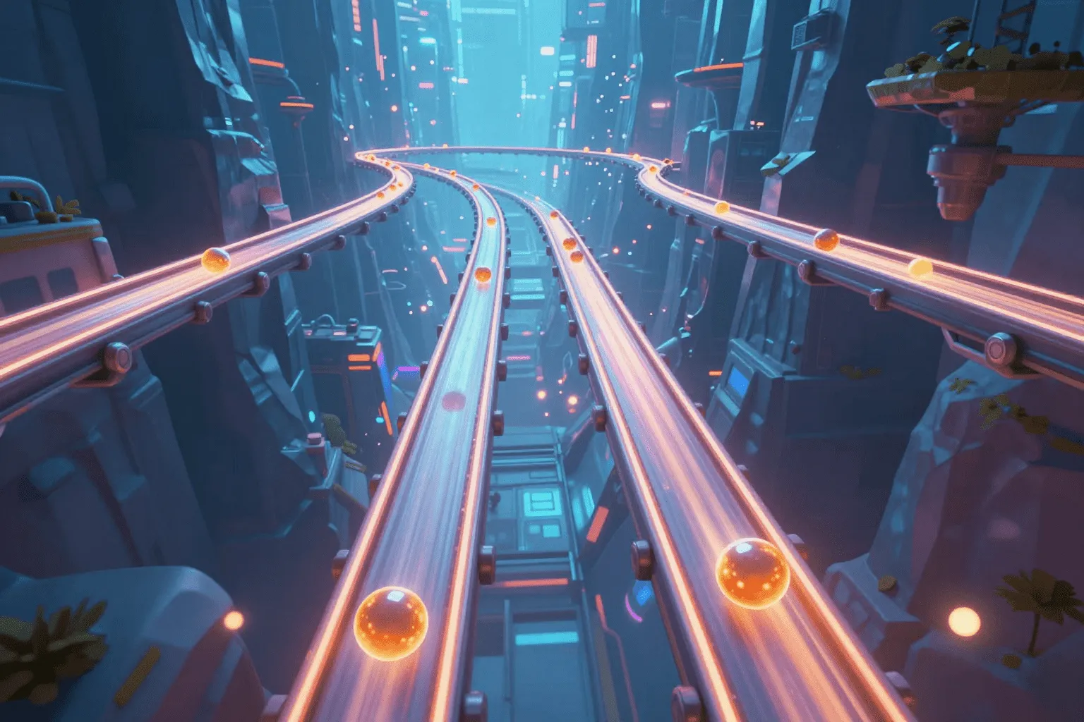 Геймплей Hyper Runner на рельсовой трассе с орбами