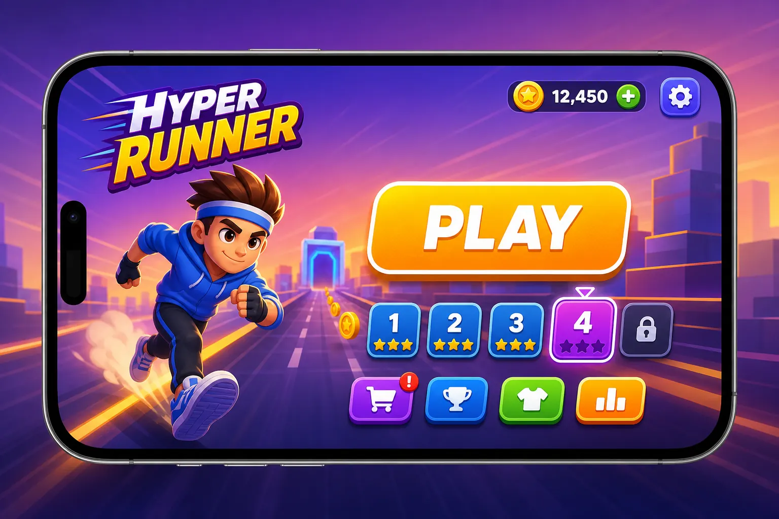 Главное меню Hyper Runner с выбором режима и персонажа