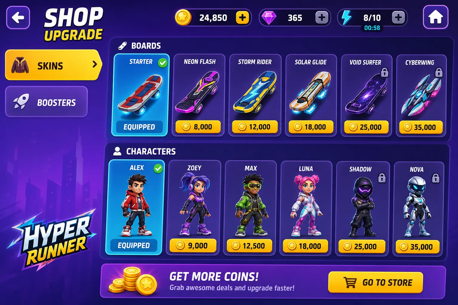 Экран магазина и апгрейдов Hyper Runner