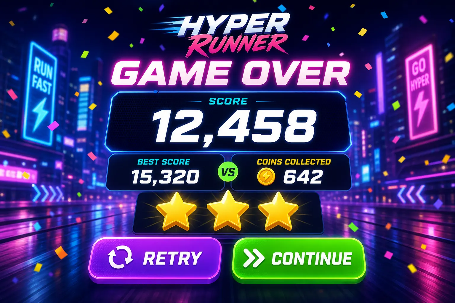 Экран результатов забега Hyper Runner со счётом и наградами