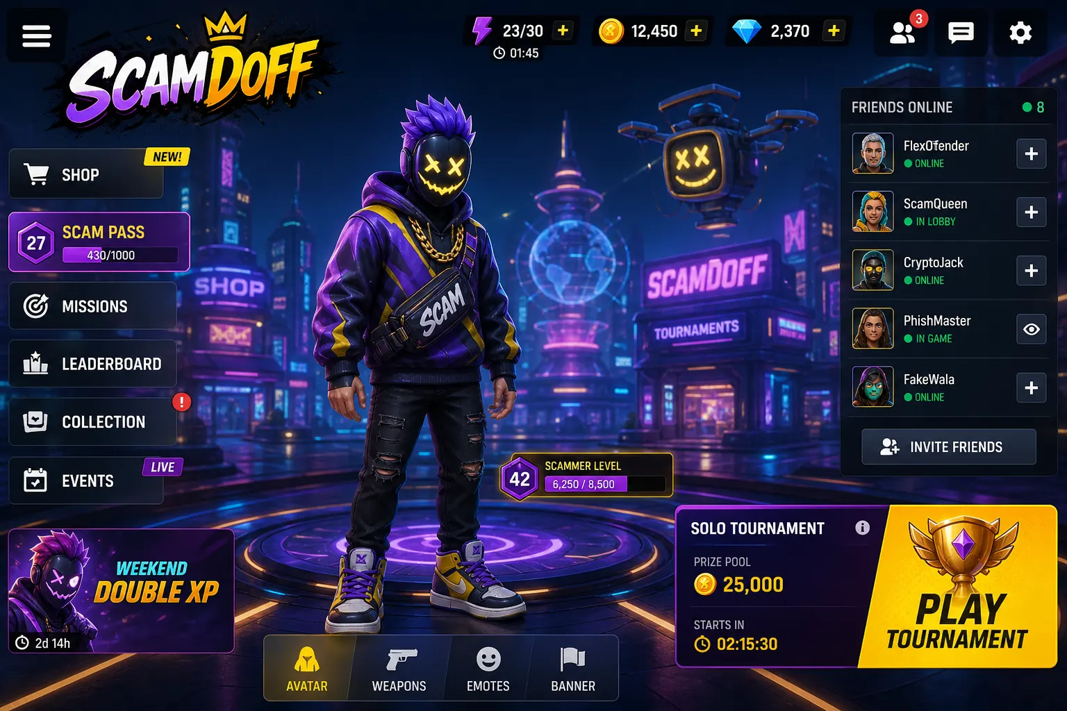 Scamdoff, главное меню и social hub