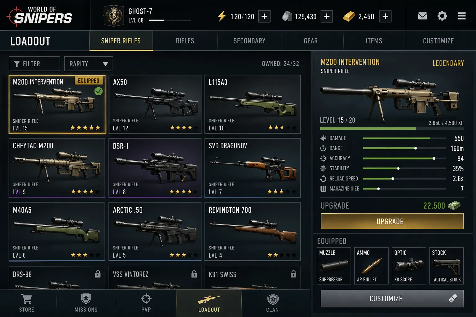 World of Snipers, экран loadout и оружия